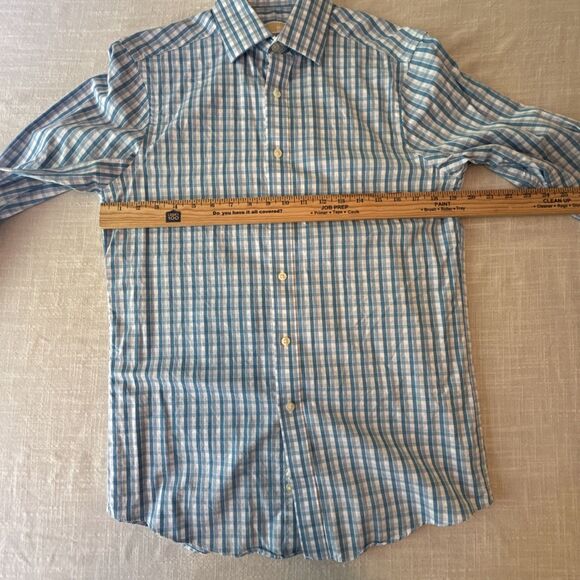 Michael Kors Sz 15 : 32/33 Slim Fit Checker Button Collar Shirt Blue Long Sleeve - Picture 6 of 10